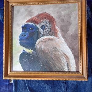 Framed Gorilla Portrait Wall Art - Blue & Brown